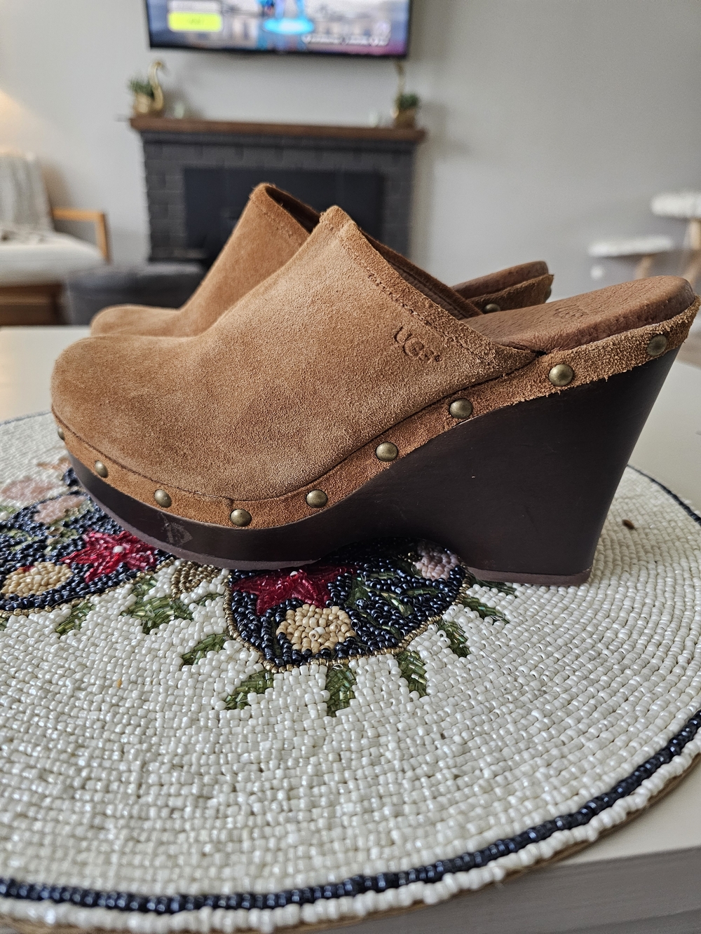 UGG Women's Suede Studded Platform Clogs in Chestnut Brown